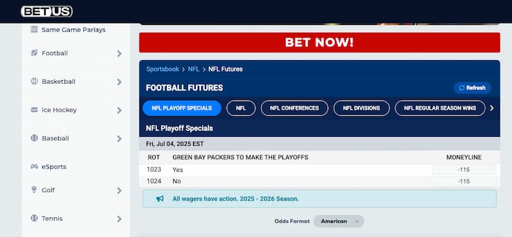 Futures betting at BetUS, one of the most popular betting sites in Wisconsin.